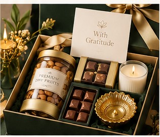 Premium dark green luxury gift hamper with chocolate and keepsake